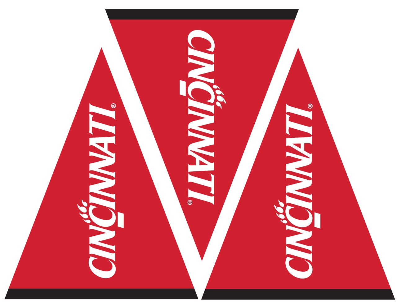 3 red pennants side-by-side with Cincinnati written in the center of each. 
